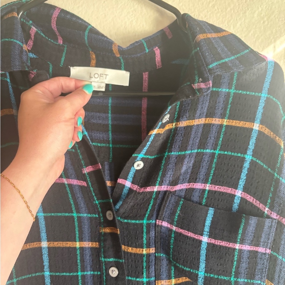 LOFT Petite Neon Plaid Tiered Pocket Shirtdress – Size M - Picture 2 of 6